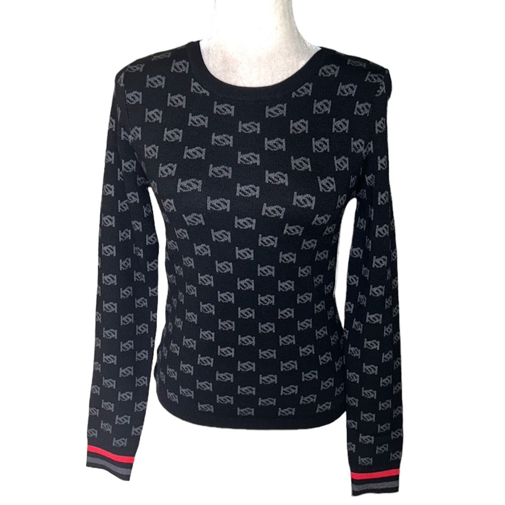 NWT Bebe Black & Gray Logo Crewneck Knit Sweater - M